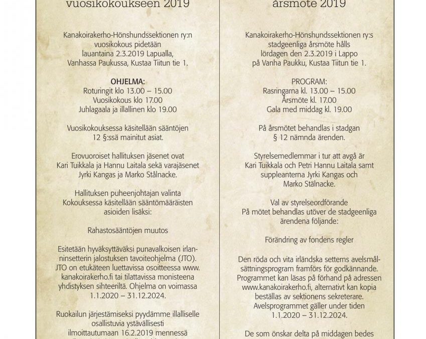Kutsu vuosikokoukseen la 2.3.2019